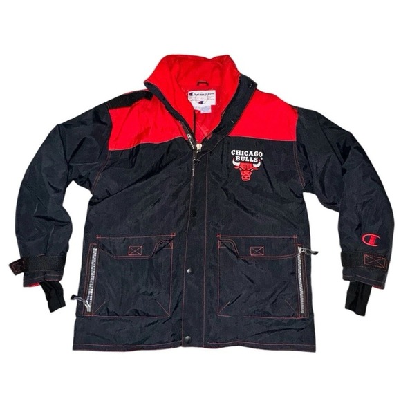 Champion Chicago Bulls VTG Court‎ Jacket Sz Large Basketball Zip Black Red Y2K